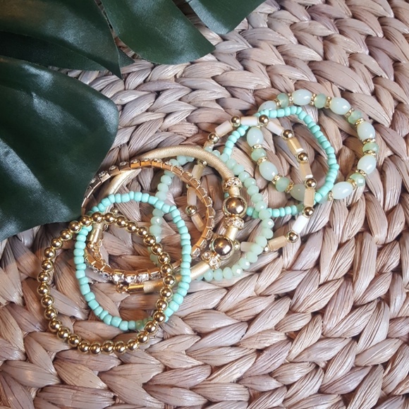 Mint/Gold stackable bracelets - Picture 5 of 7